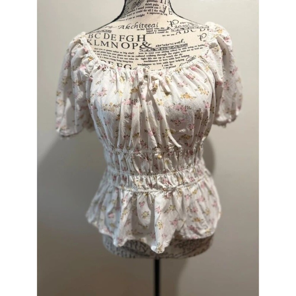 Celebrity Pink White Boho Cottagecore Floral Peasant Blouse Size L